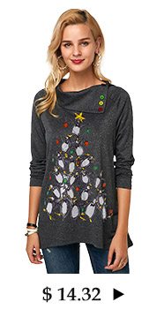 Penguin Print Button Embellished Long Sleeve Christmas T Shirt 