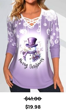 ROTITA Christmas Criss Cross Snowman Print Light Purple T Shirt