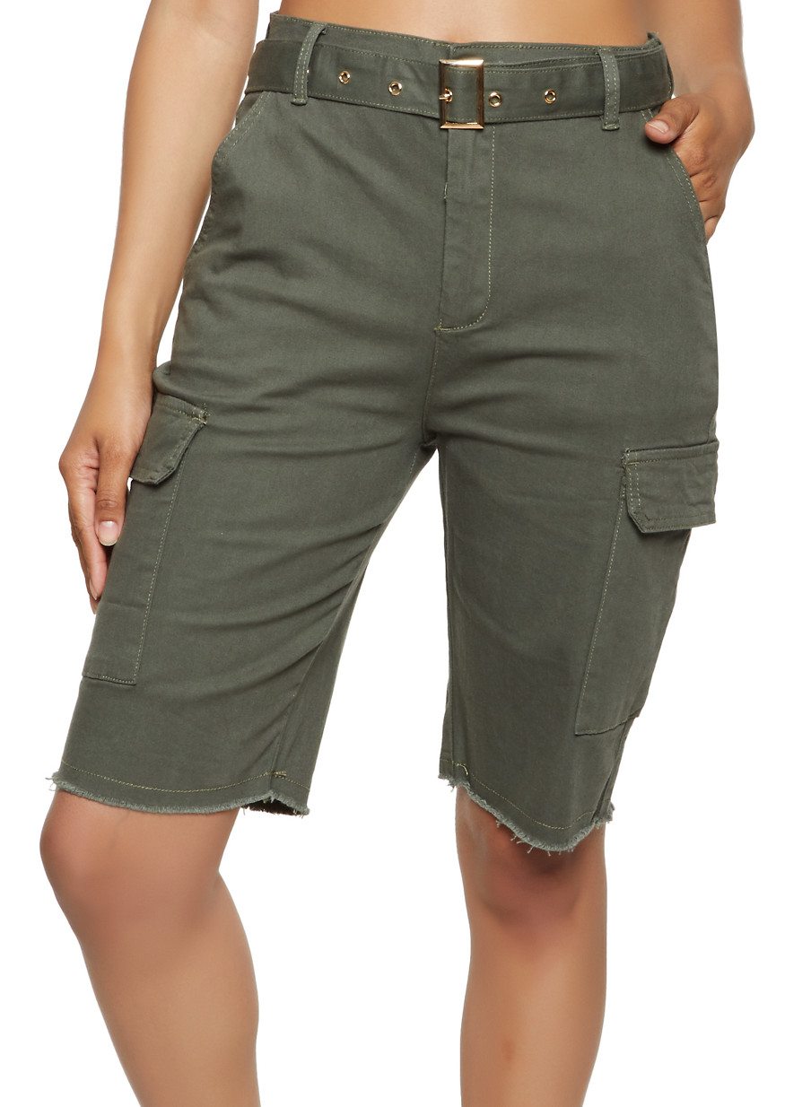 Frayed Hem Belted Cargo Bermuda Shorts