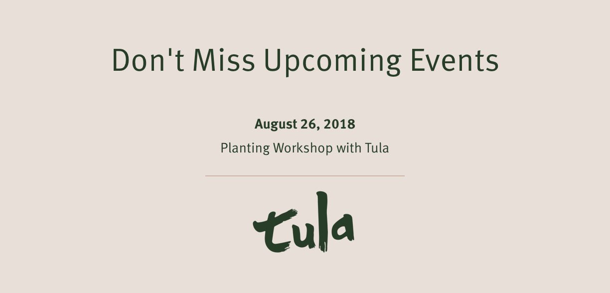 Don't Miss Upcoming Events August 26, 2018 Planting Workshop with Tula 