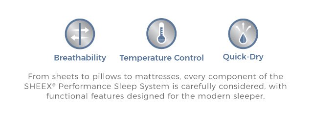 Breathability | Temperature Control | Quick-Dry | From sheets to pillows to mattresses, every component of the SHEEX® Performance Sleep System is carefully considered, with functional features designed for the modern sleeper.