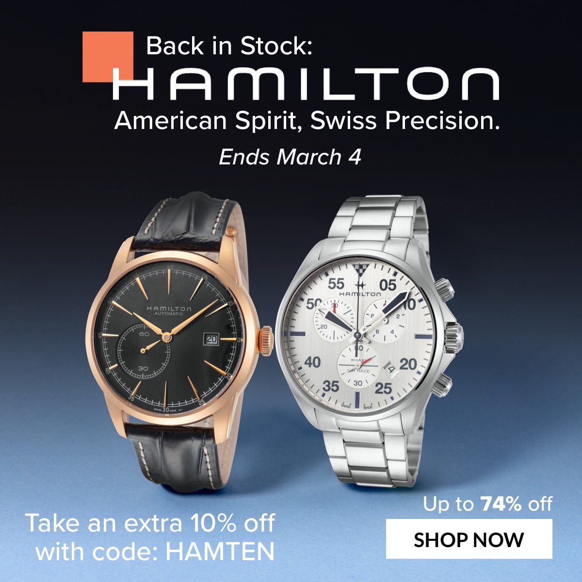 Back in Stock: HAMILTON American Spirit, Swiss Precision Take an extra 10% off with code: HAMTEN Up to 74% off! Ends March 4