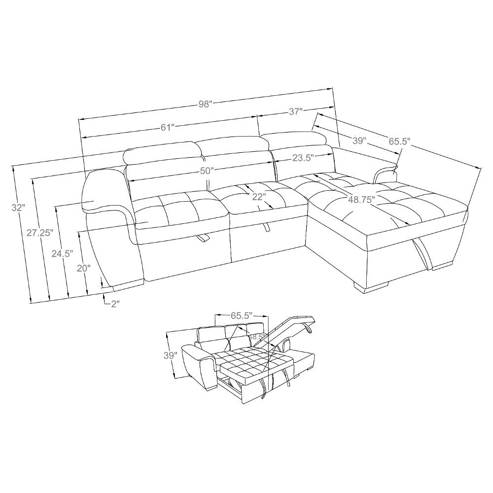 Gray Sectional Sofa with Pullout Sofa Bed and Right-Side Storage Chaise - Ferriday