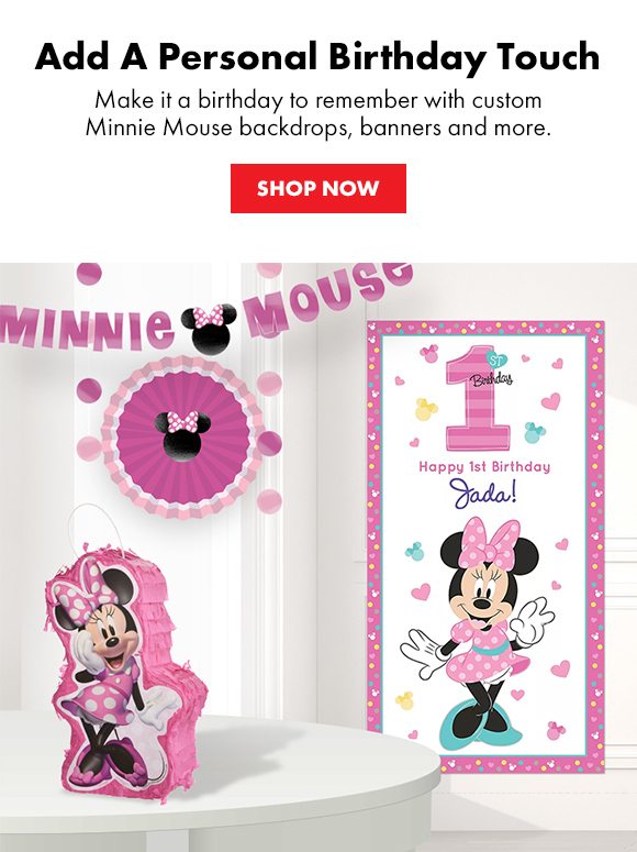 Add A Personal Birthday Touch | Make it a birthday to remember with custom Minnie Mouse backdrops, banners and more. | SHOP NOW