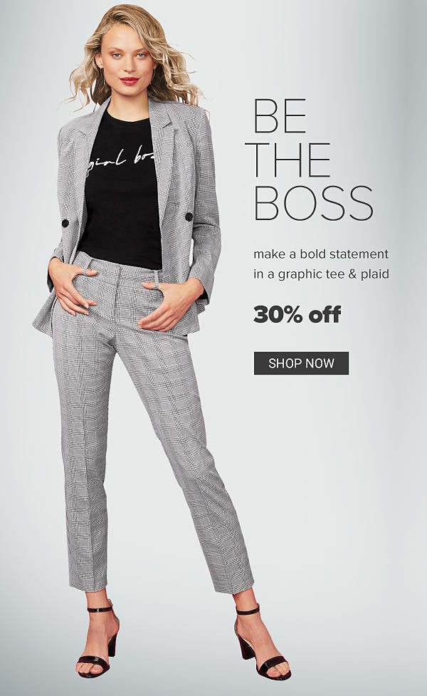 Be the Boss! Make a bold statement in a graphic tee & plaid - 30% off - Shop Now - Shop Now