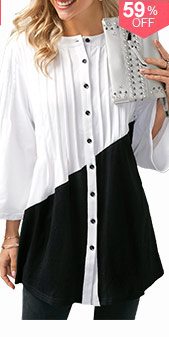 Color Block Button Up Pintuck Blouse