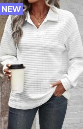 White Textured Fabric Long Sleeve Turn Down Collar Sweatshirt