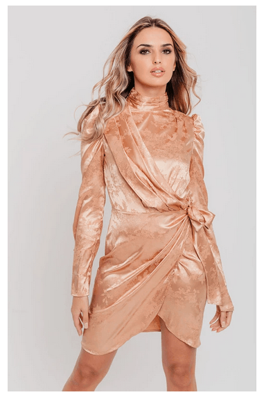 Champagne Jacquard Satin Wrap Mini Dress