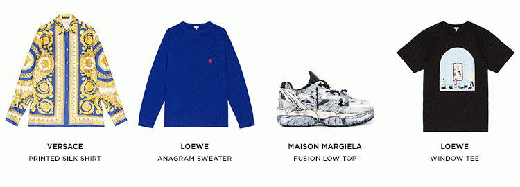 Versace Printed Silk Shirt; Versace Anagram Sweater; Maison Margiela Fusion Low Top; Loewe Window Tee