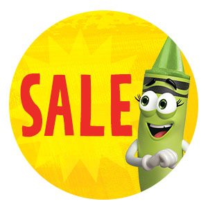 Green crayon character smiling next to a red Sale graphic on a yellow background