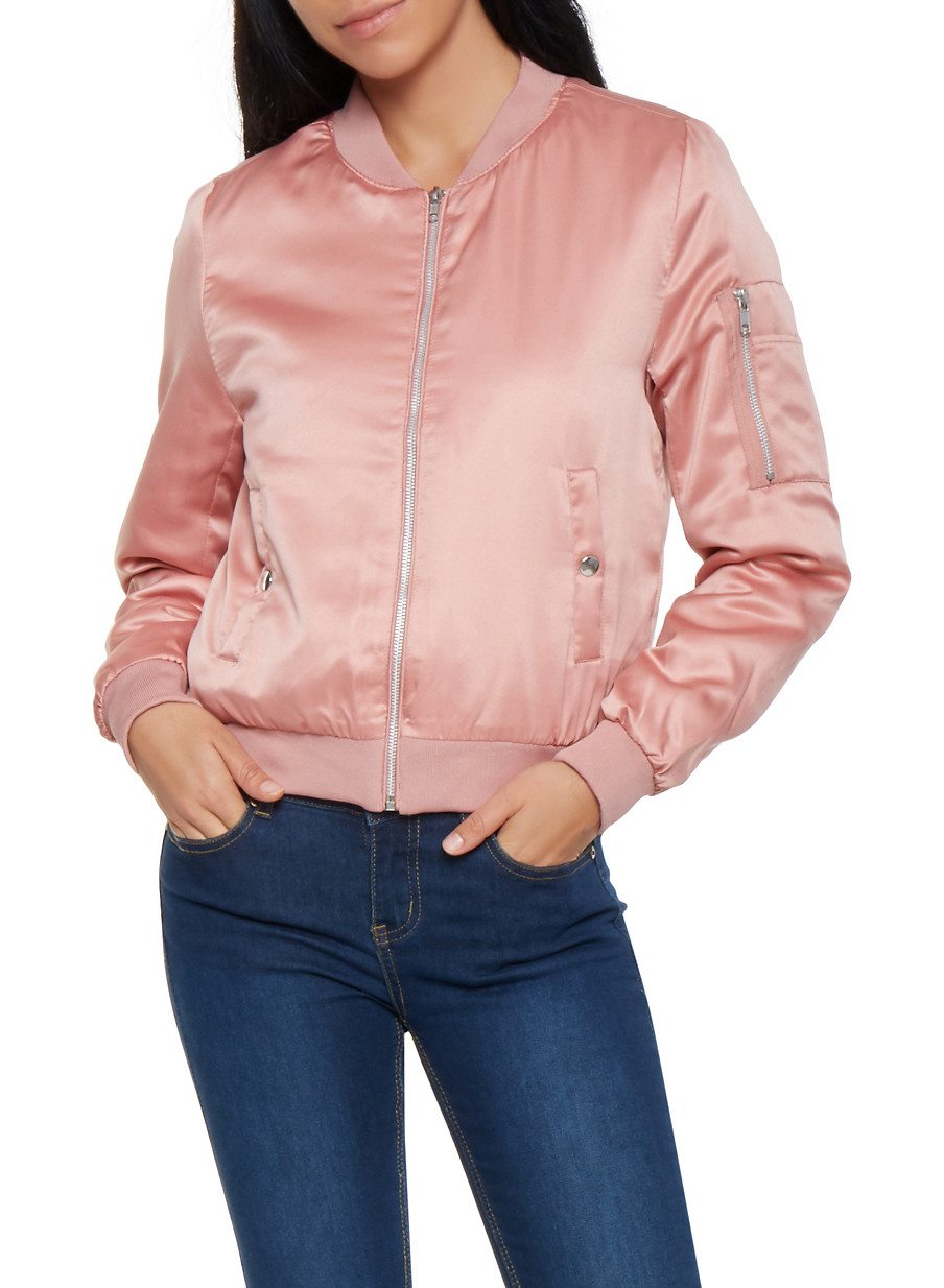 Satin Zipper Detail Bomber Jacket