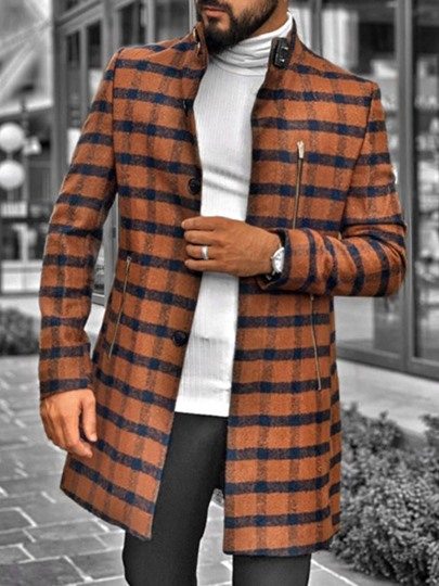Plaid Stand Collar Mid-Length Slim Men's Coat