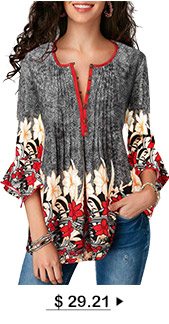 Printed Button Up Pleated Three Quarter Sleeve Blouse