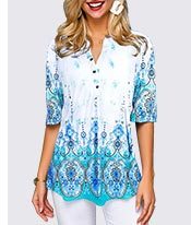 Split Neck Tribal Print Button Front Blouse