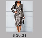 V Neck Long Sleeve Ruffle Detail Silver Sequin Dress