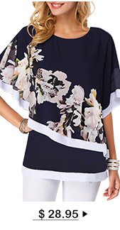 Flower Print Round Neck Overlay Embellished Blouse