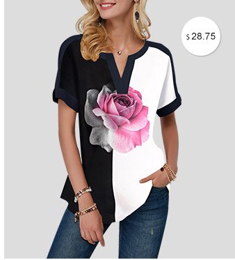 Short Sleeve Rose Print Notch Neck T Shirt