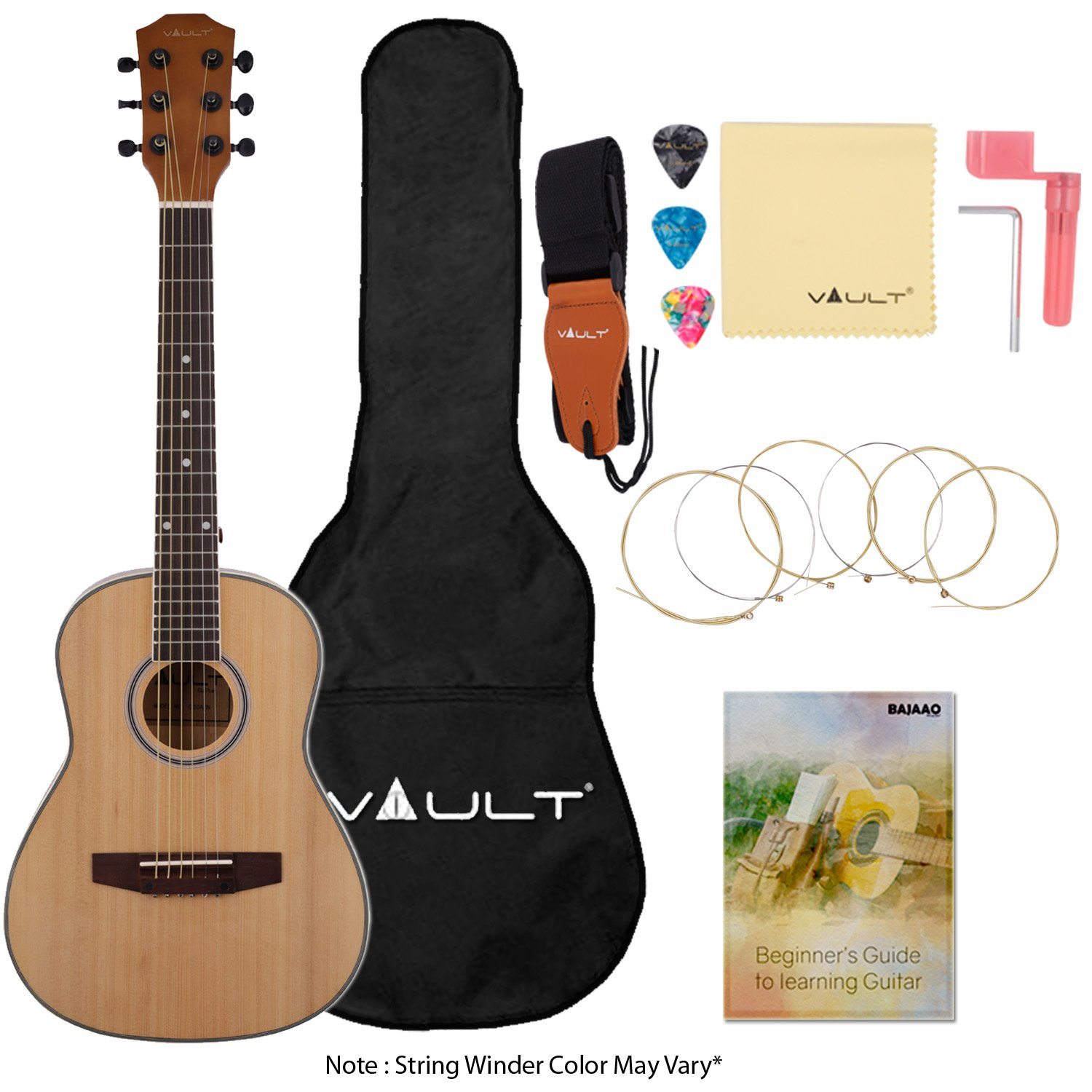 Image of Vault Junior 1/2 Size Acoustic Guitar for Kids With Gig bag, Strings, Polishing Cloth, String Winder and Picks - Natural Gloss