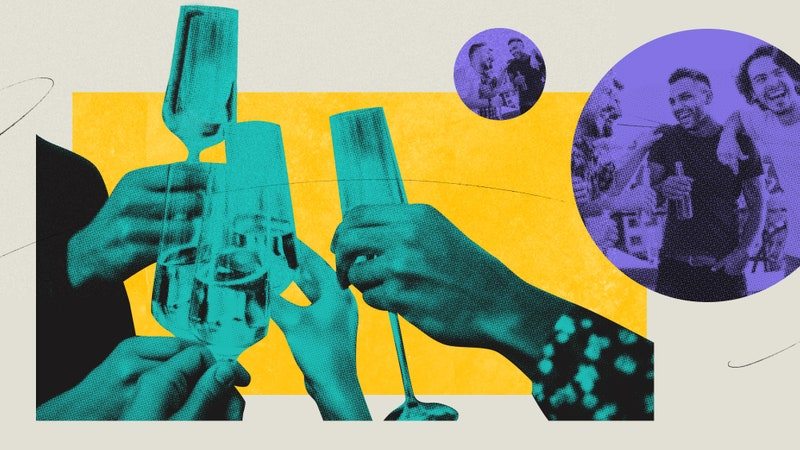 photo collage of friends clinking glasses