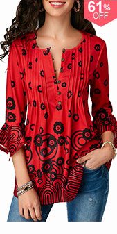 Pleated Button Detail Flare Sleeve Red Blouse