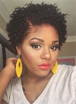 Pixie Kinky Curly Short Natural Black Synthetic Hair For Round Face Lace Front Cap African American Wigs 6 Inches
