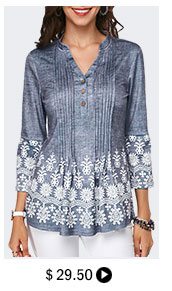 Split Neck Button Detail Printed Pleated Blouse