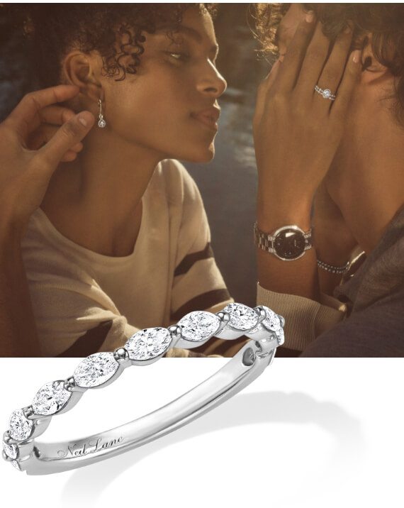 Image of couple wearing jewelry embracing, Neil Lane ring image below