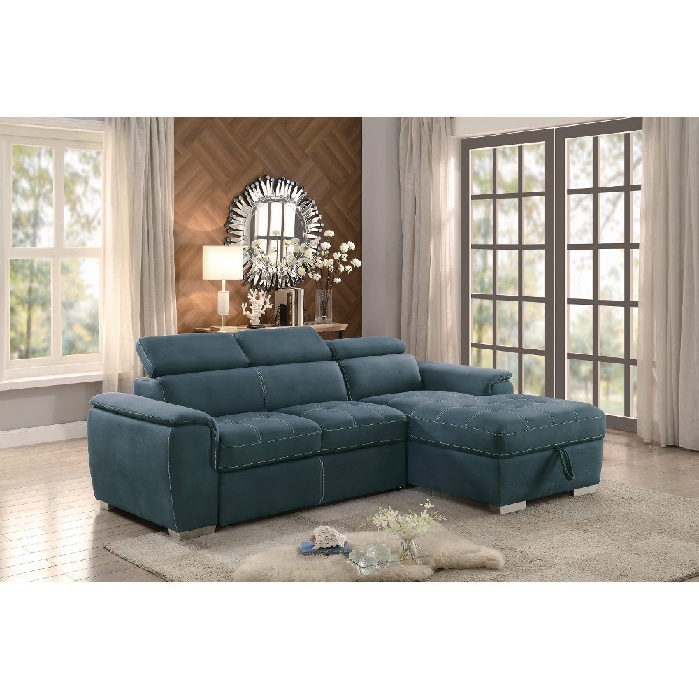 Blue Sectional Sofa with Pullout Sofa Bed and Right-Side Storage Chaise - Ferriday