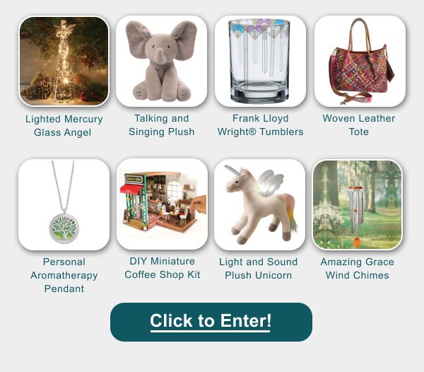 You Could Win: Frank Lloyd Wright | April Showers Tumbler glasses | DIY Miniature Coffee Shop Kit | My Magical Light and Sound Plush Unicorn | Lighted Mercury Glass Angel | Bamboo Wood & Aluminum Wind Chimes - Tuned to Amazing Grace | Animated Flappy The Elephant Talking and Singing Plush | Personal Aromatherapy Pendant | Woven Leather Tote