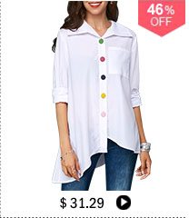 Button Up Asymmetric Hem Pocket White Blouse