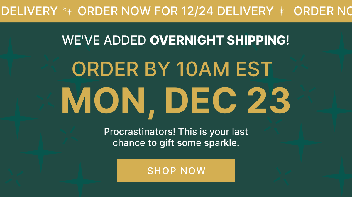 WE'VE ADDED OVERNIGHT SHIPPING! ORDER BY 10AM EST MON, DEC 23 Procrastinators! This is your last chance to gift some sparkle. SHOP NOW