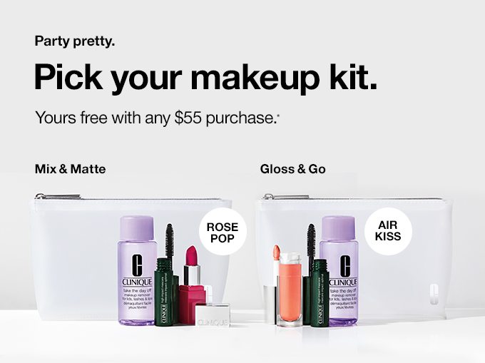  Party pretty.Pick your makeup kit. Yours free with any $55 purchase.*