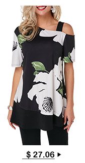 Cold Shoulder Short Sleeve Flower Print T Shirt