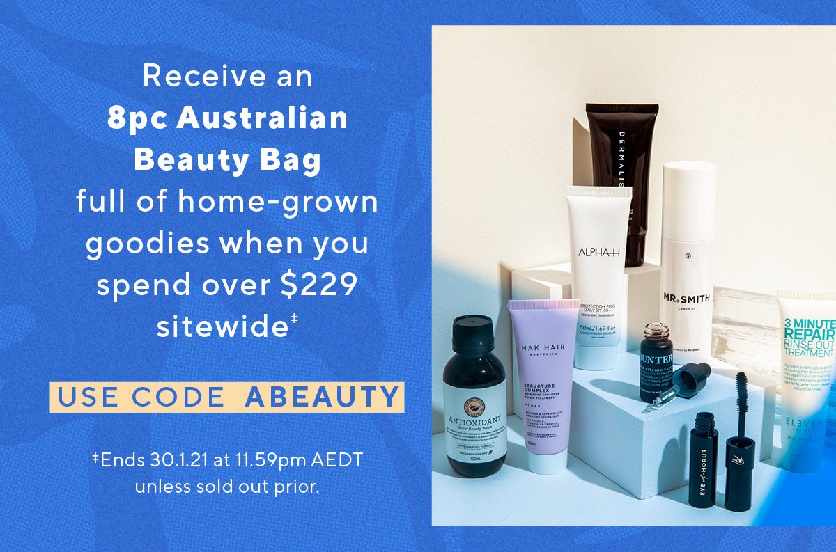 Receive an 8-Piece Australian Beauty Bag full of home-grown goodies when you spend over $229 sitewide‡