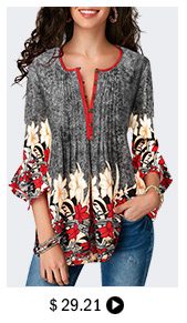 Printed Button Up Pleated Three Quarter Sleeve Blouse