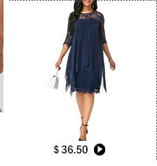 Three Quarter Sleeve Chiffon Overlay Navy Lace Dress