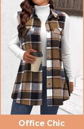 Dark Camel Patchwork Plaid Sleeveless Shirt Collar Waistcoat