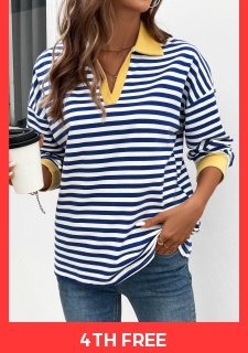 Navy Patchwork Striped Long Sleeve T Shirt