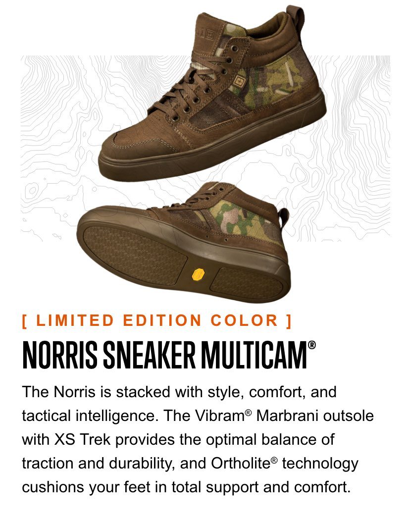 Norris Sneaker Multicam® | The Norris is stacked with style, comfort, and tactical intelligence. The Vibram® Marbrani outsole with XS Trek provides the optimal balance of traction and durability, and Ortholite® technology cushions your feet in total support and comfort.