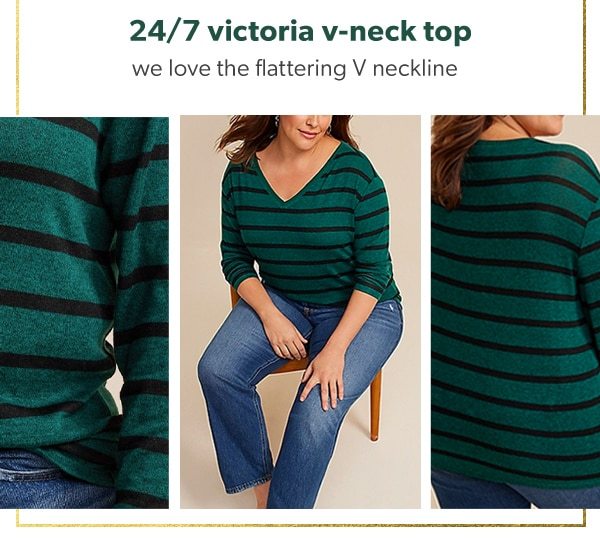 24/7 victoria v-neck top. We love the flattering V neckline. Model wearing maurices clothing.