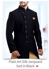 Plain Art Silk Jacquard Jodhpuri Suit in Black