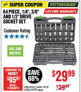 View 64 Pc 1/4 in., 3/8 in., 1/2 in. Drive SAE & Metric Socket Set