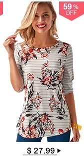 Printed Button Back Round Neck T Shirt