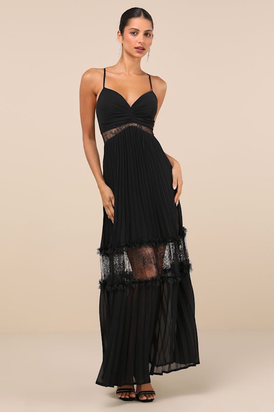 Image of Deeply Stunning Black Lace Pleated Lace-Up Backless Maxi Dress