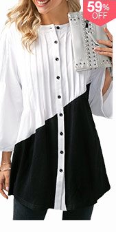 Color Block Button Up Pintuck Blouse