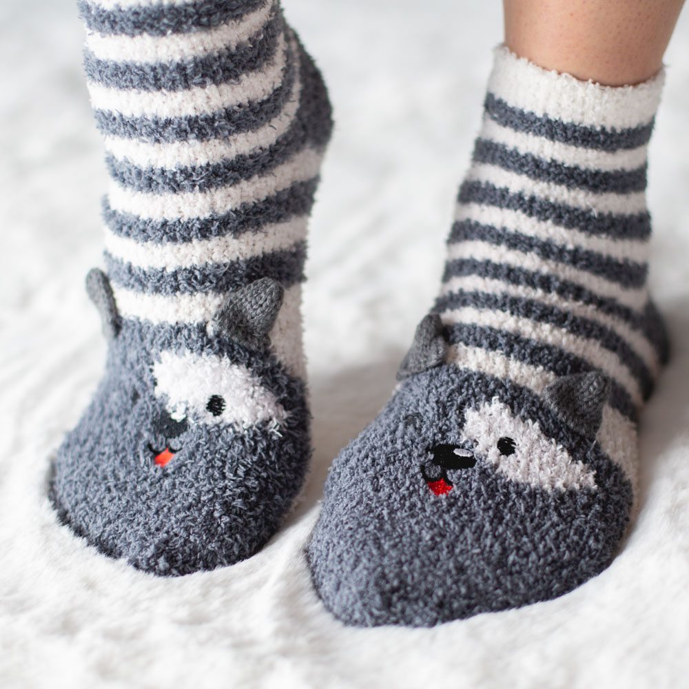 Image of Warm ‘n Fuzzy Grey Dog Striped Socks