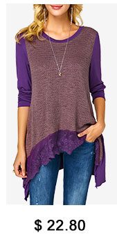 Asymmetric Hem Long Sleeve Lace Panel Purple Blouse