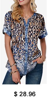 Split Neck Button Front Leopard Print Blouse