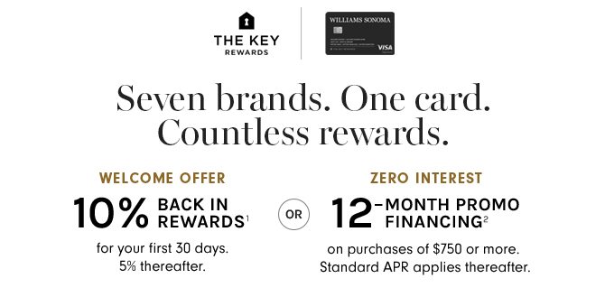 Seven Brands. One Card. Countless rewards. - WELCOME OFFER 10% BACK ON REWARDS(1) for your 30% days. 5% thereafter. OR ZERO INTEREST 12-MONTH PROMO FINANCING(2) on purchases of $750 or more. Standard APR applies thereafter.