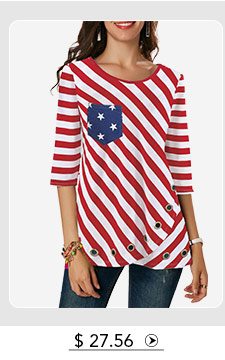 Three Quarter Sleeve Flag Print Red T Shirt